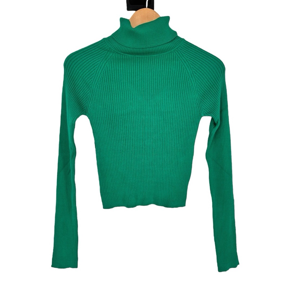 Love Tree Green Ribbed Turtleneck Sweater size Large Long Sleeves Stretch - Picture 2 of 14